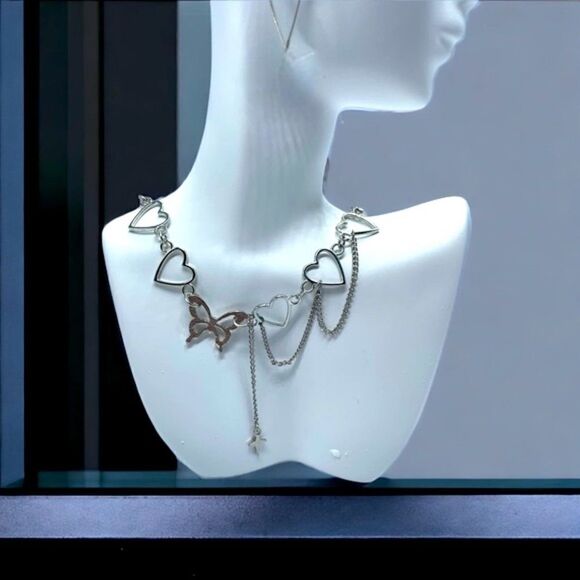 Silver Heart & Butterfly / Cross Dangle Necklace l New - Picture 3 of 11